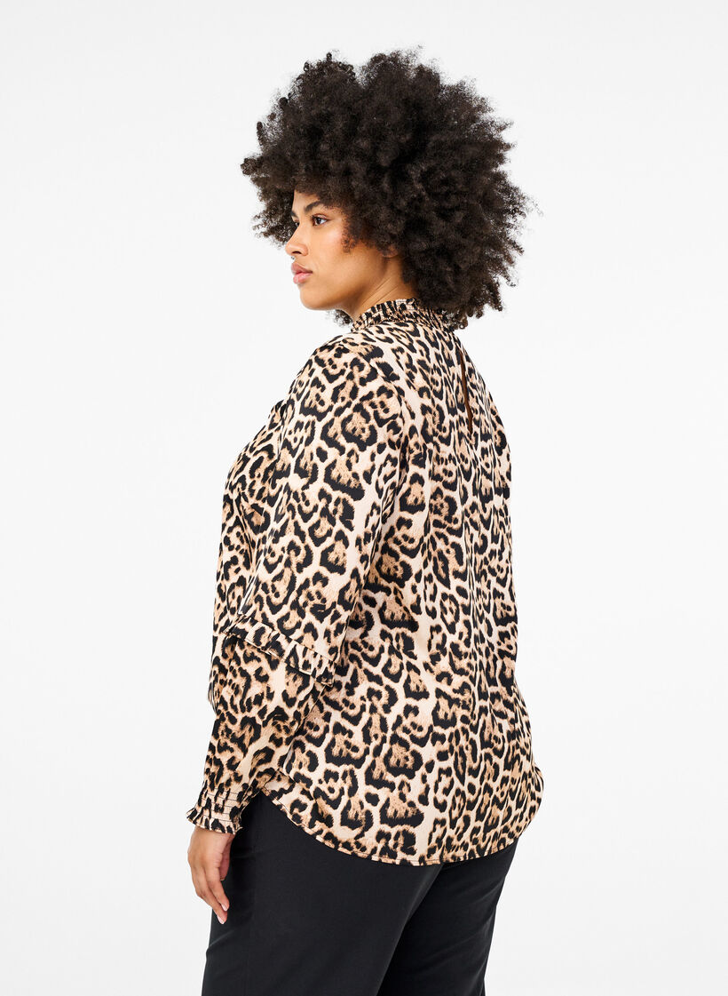 Smocket bluse med leopardmønster, Brun, Model image number 2