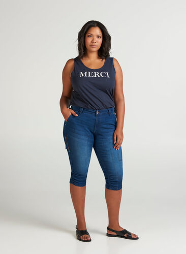 Slim fit caprijeans med lommer, Dark blue denim, Model image number 4