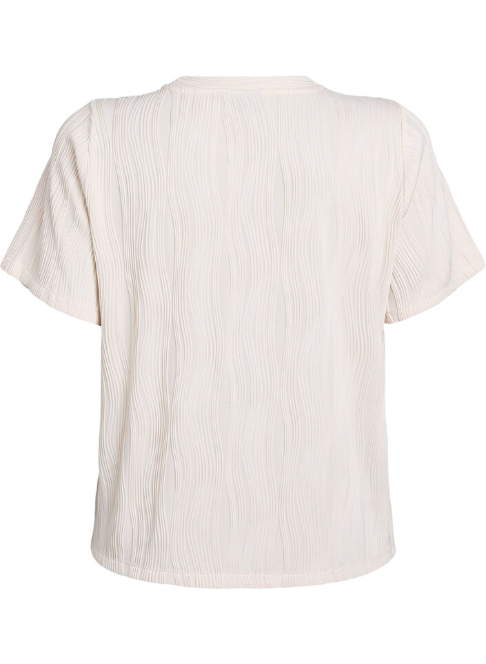 Bluse med korte ermer og bølget tekstur, Beige, Packshot image number 1