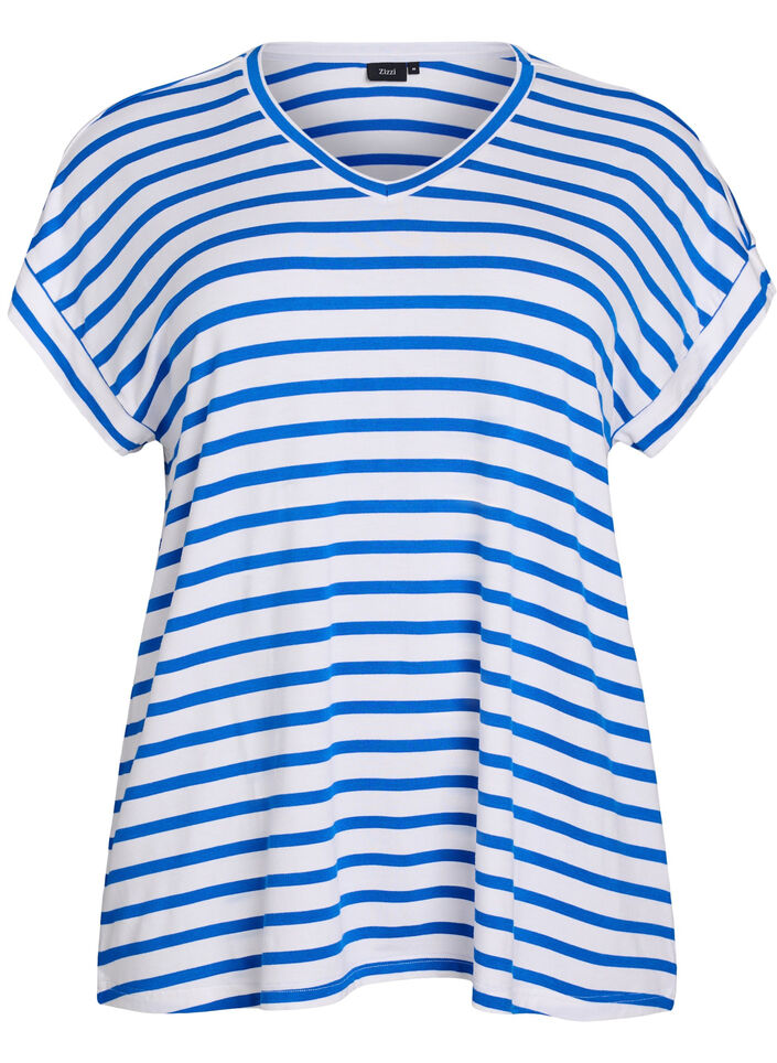 Stripete T-skjorte med V-hals, Blå, Packshot image number 0