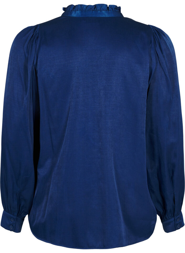 Langermet bluse med volanger og V-hals, Estate Blue, Packshot image number 1