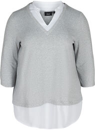 Melert bluse med 3/4-ermer og skjortedetaljer, Light Grey Melange