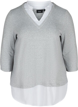 Melert bluse med 3/4-ermer og skjortedetaljer, Light Grey Melange, Packshot image number 0