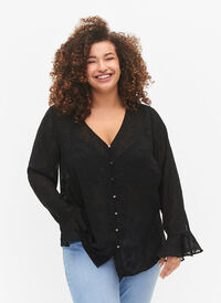 Langarmet skjorte med jacquard-utseende, Black, Model