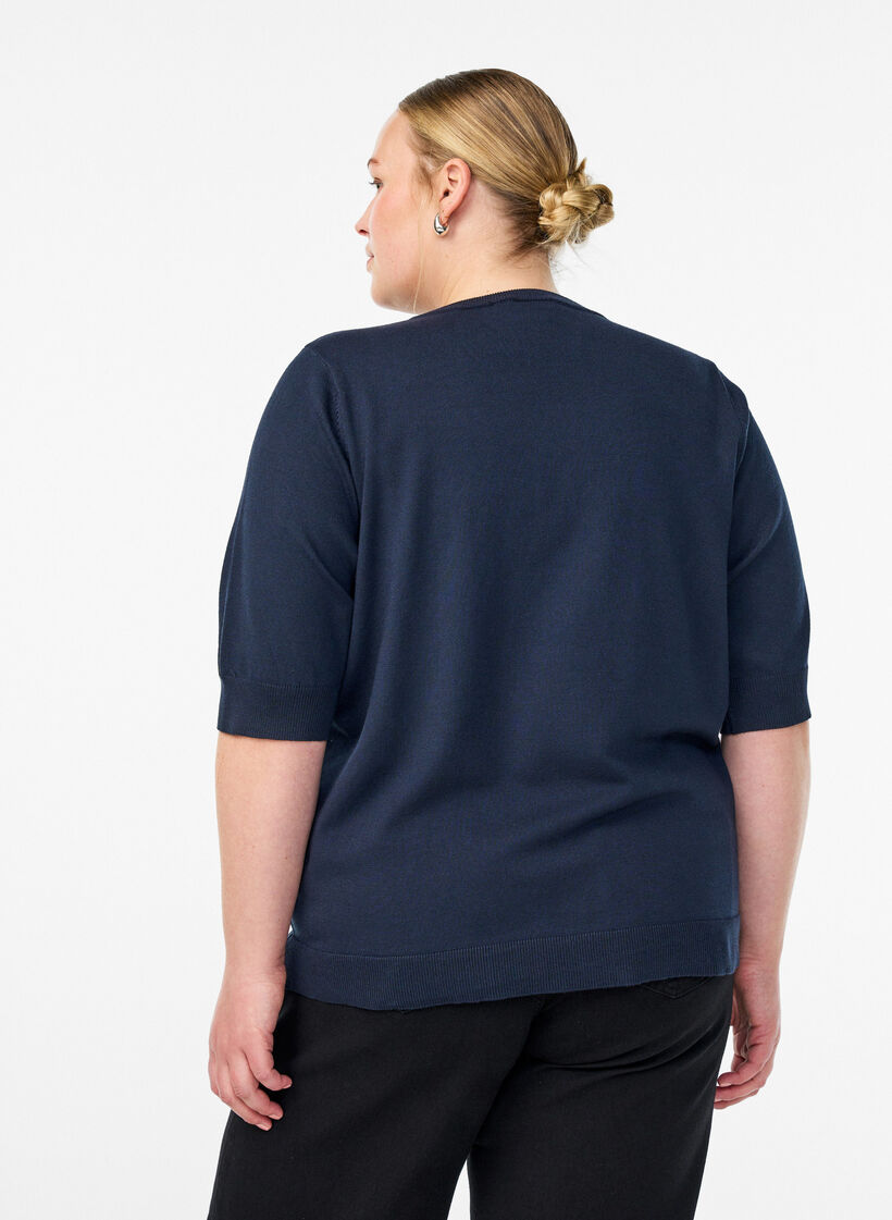 Finstrikket bluse med korte ermer, Bl&aring;, Model image number 2