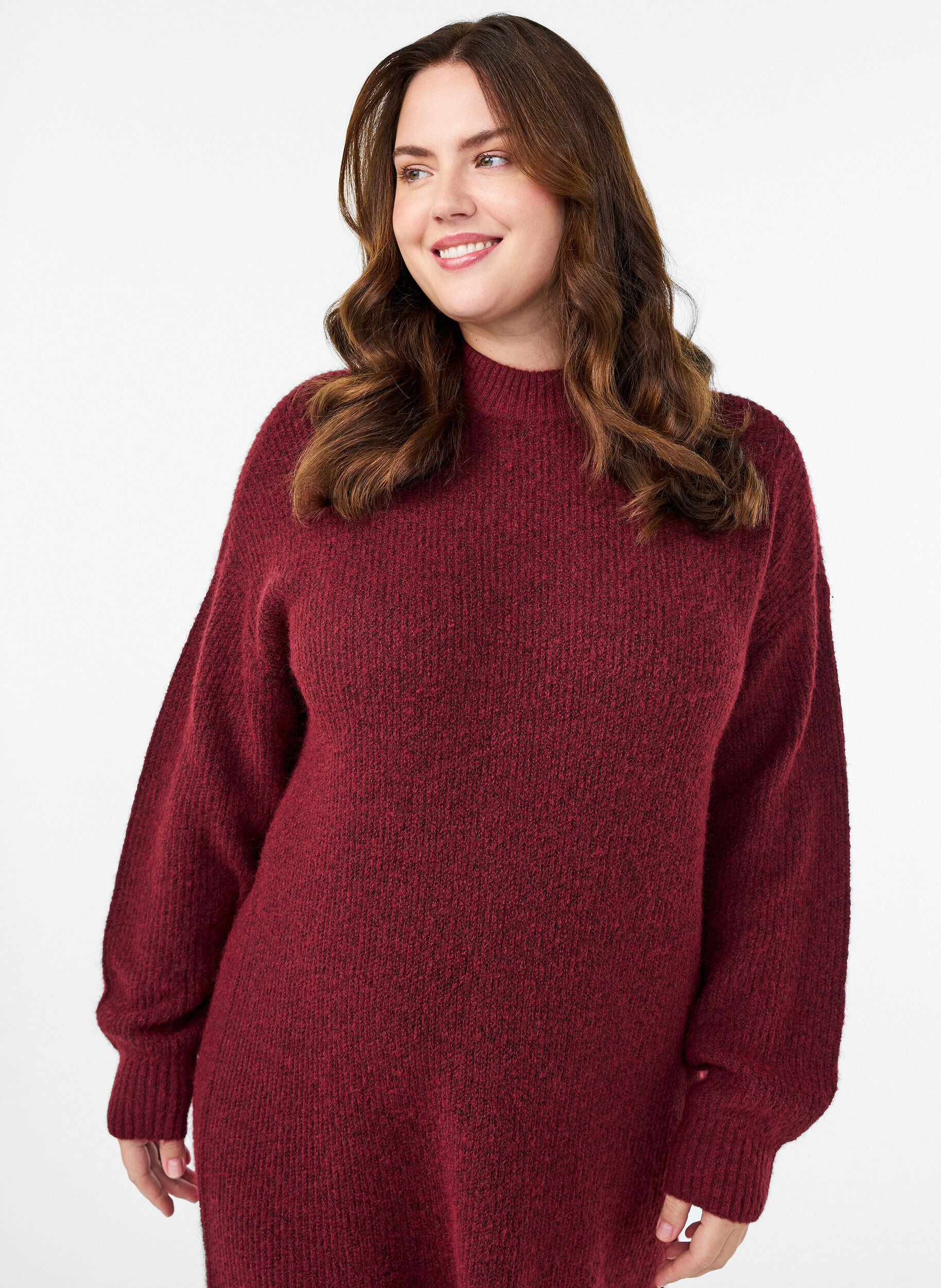 Zizzi Lang strikkekjole med h&oslash;y hals, R&oslash;d, Model image number 2