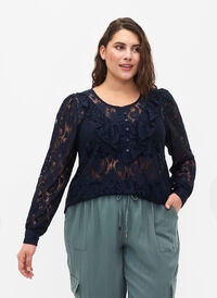 Blondebluse med volangdetalj, Navy, Model