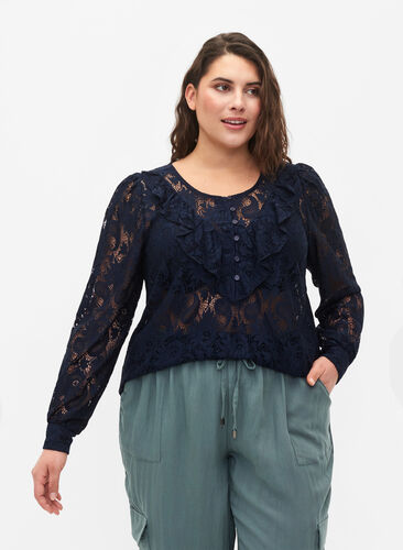 Blondebluse med volangdetalj, Navy, Model image number 0