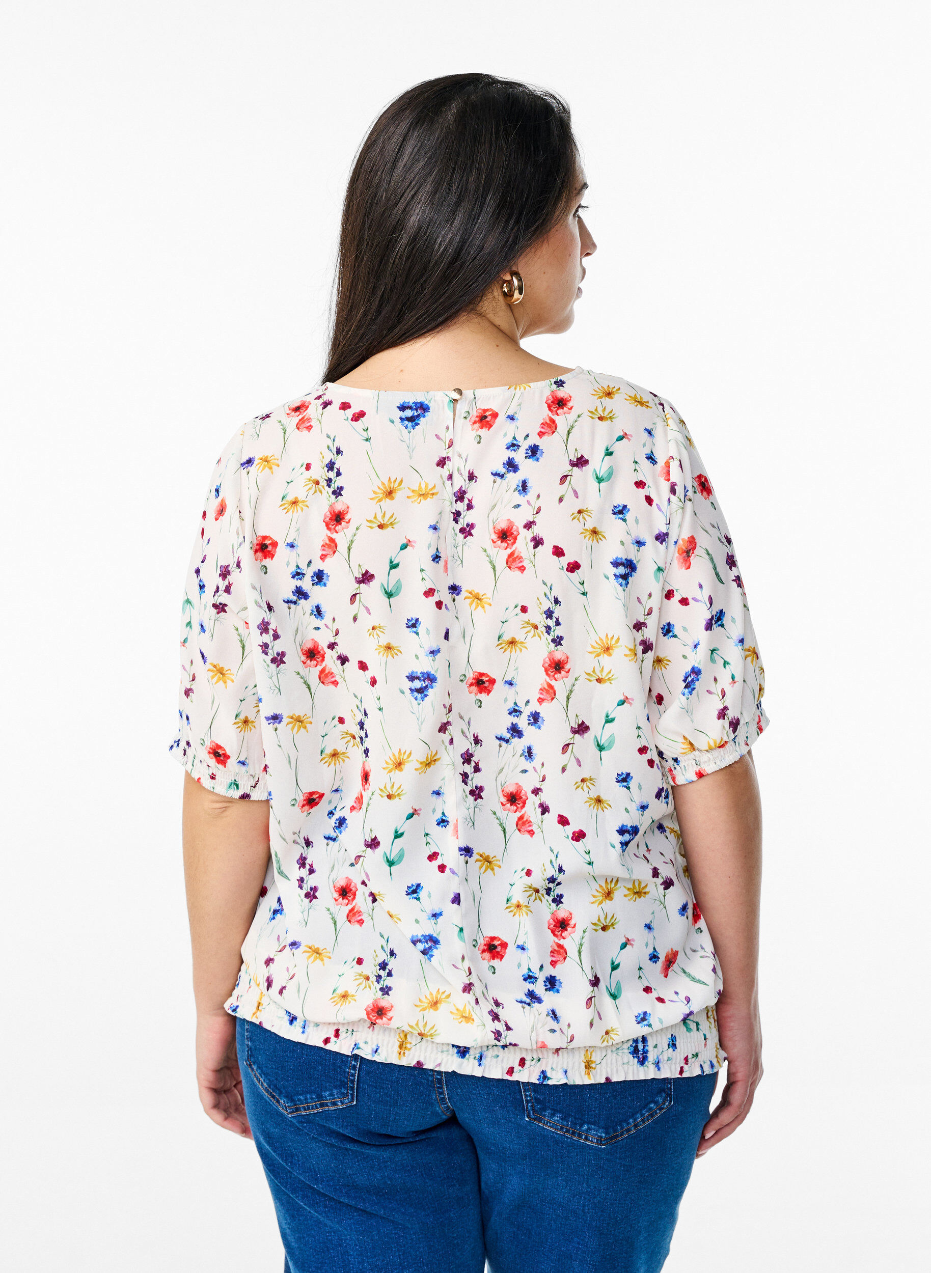 Zizzi Blomstret bluse med vaffels&oslash;m, Bl&aring;, Model image number 2