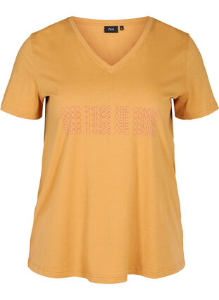 T-skjorte i bomull med V-hals og trykk foran, Apple Cinnamon, Packshot image number 0