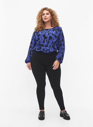 Bluse med lange ermer og volanger, Black Blue AOP, Model image number 2