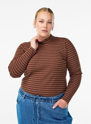 Zizzi Stripet ribbet jerseybluse med høy hals, F. Fudge Caribou, Model image number 0