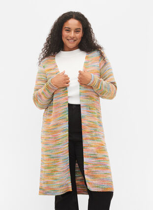 Lang, mønstrete strikket cardigan i bomullsmiks, Multi Color, Model image number 0