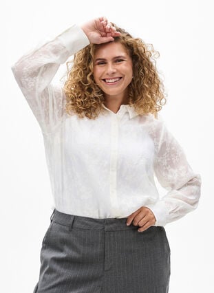 Zizzi Skjorte med tone-i-tone-mønster, Off White, Model image number 0