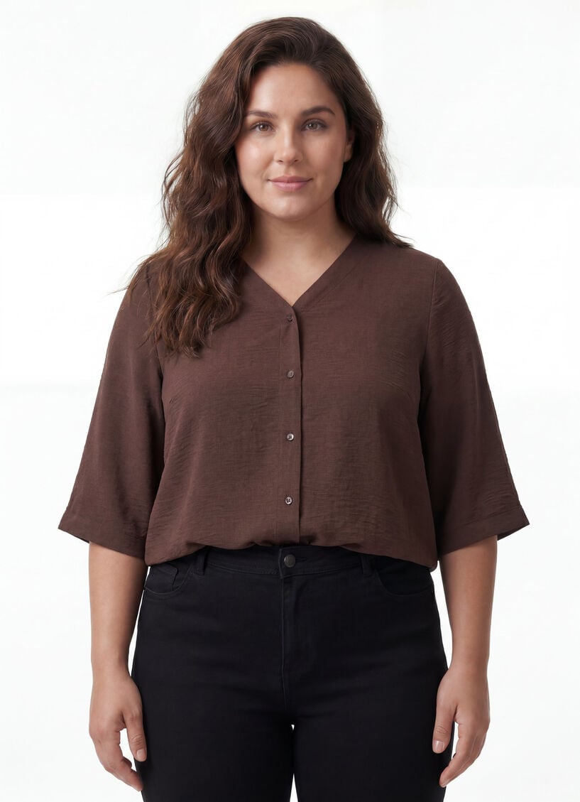 Skjortebluse med v-hals og 3/4 ermer, Brun, Model image number 0
