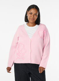 Cardigan med V-hals og broderte blomster, Rosa Cardigan med V-hals og broderte blomster, Rosa, Model