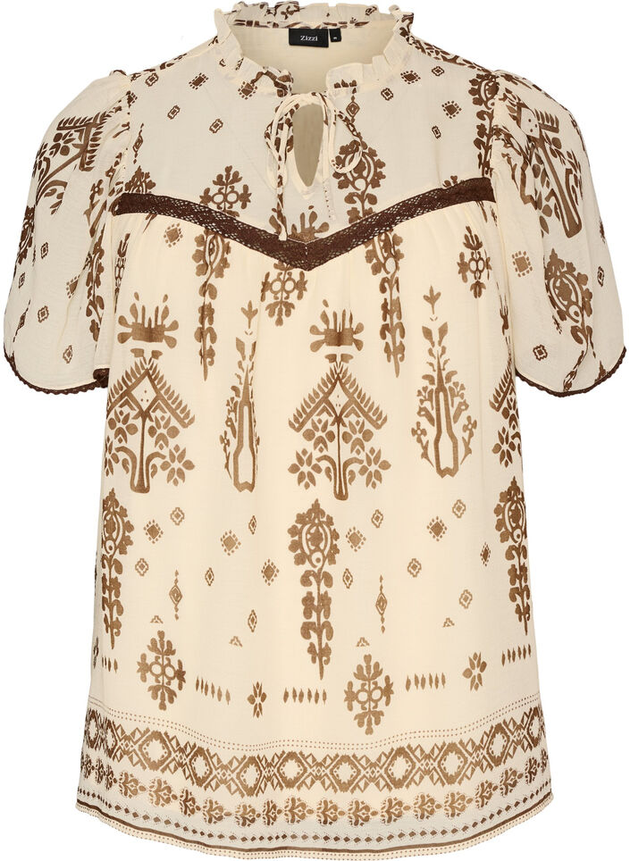 Bluse med m&oslash;nster og heklet kant, Beige, Packshot image number 0