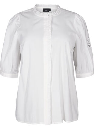 Zizzi Skjortebluse med volanger og broderie anglaise, Hvit, Packshot image number 0