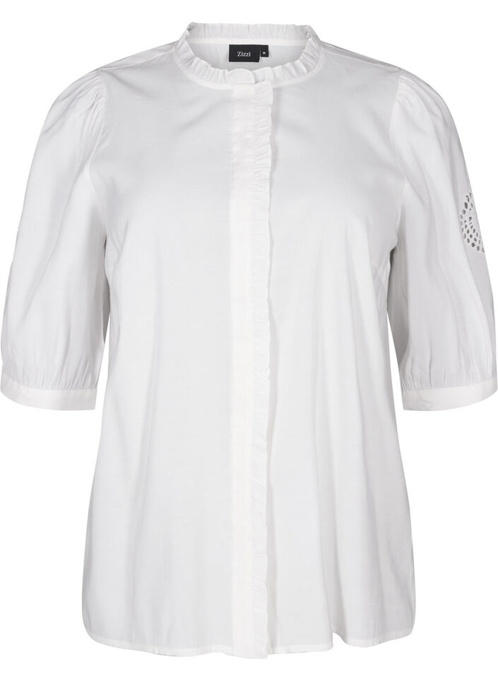 Skjortebluse med volanger og broderie anglaise, Hvit, Packshot image number 0