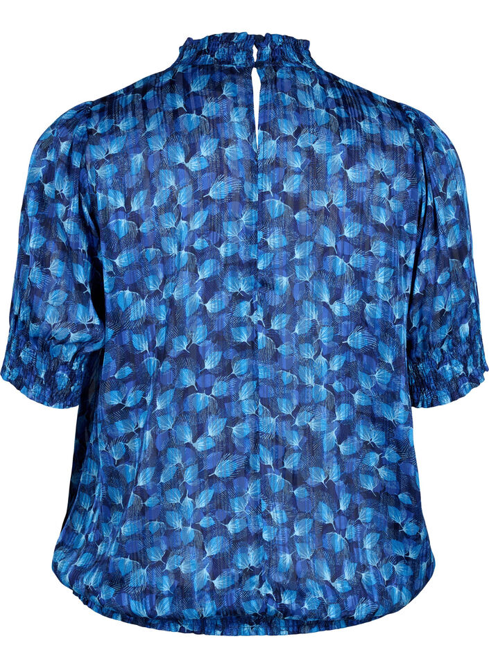 Kortermet smokk bluse med trykk, Navy Blazer Leaf AOP, Packshot image number 1