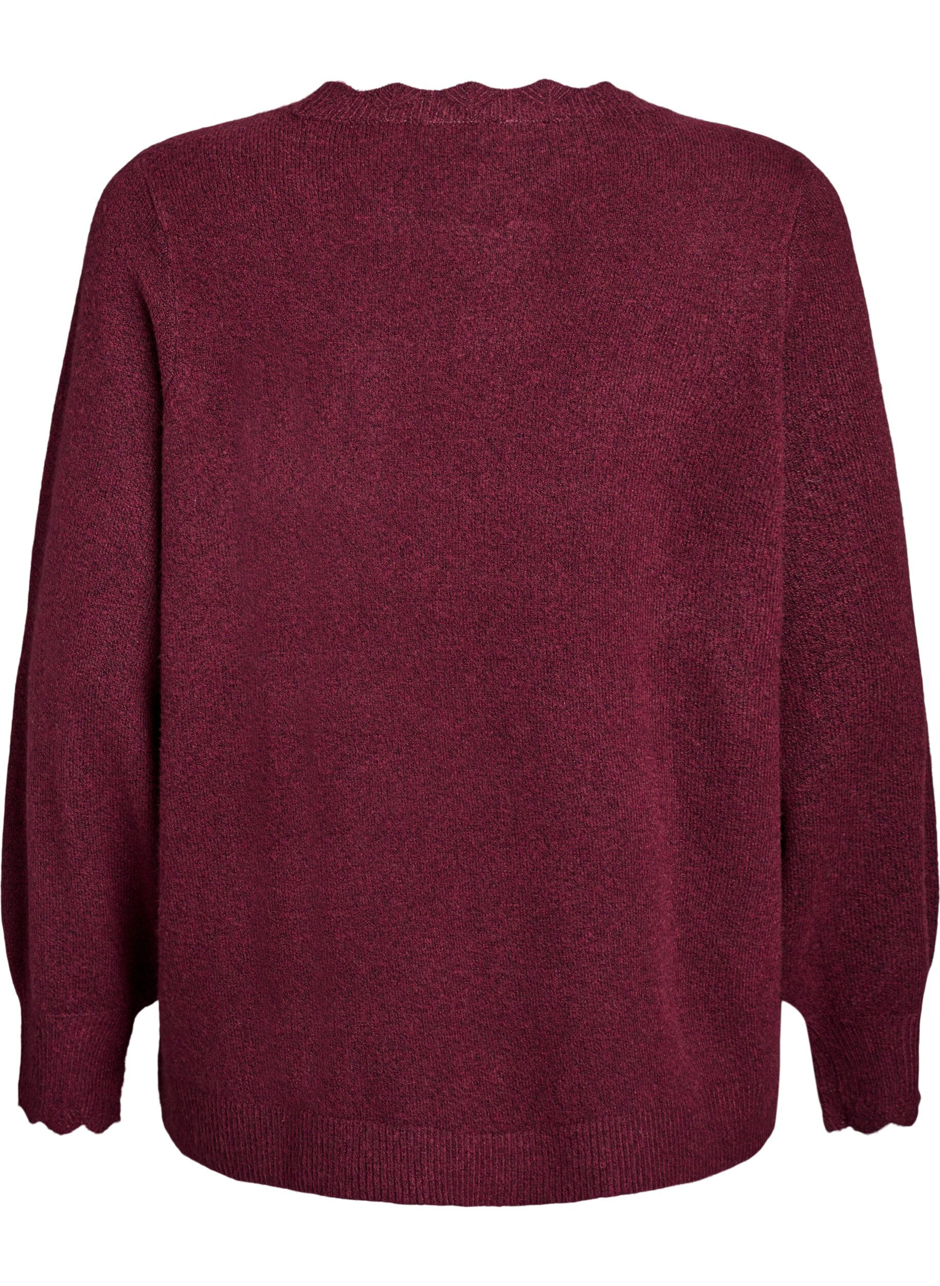 ZizziStrikkebluse med b&oslash;lgete kanter, M&oslash;rk Bordeaux, Packshot image number 1