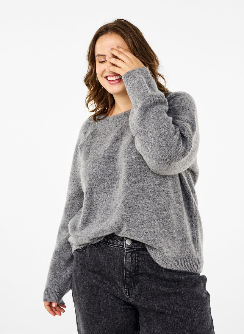 Løstsittende, strikket bluse med rund hals, Medium Grey Melange, Model image number 0