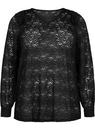 Langermet bluse med blonder, Black