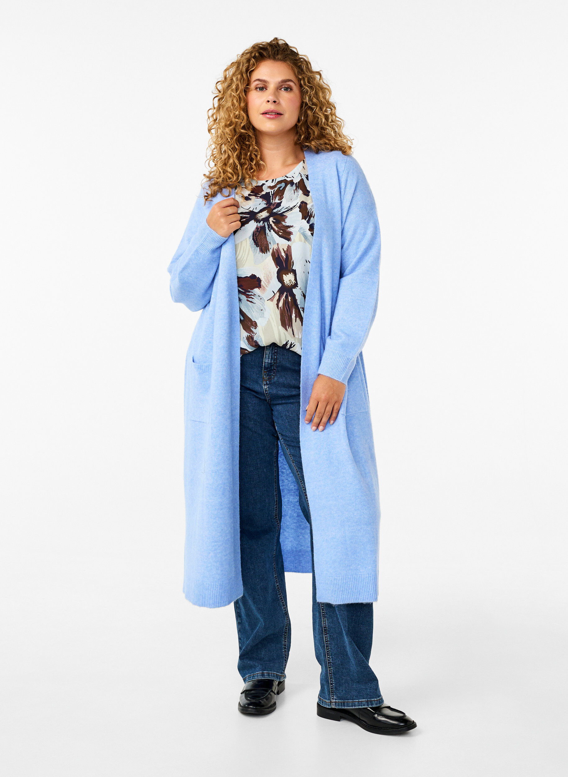 Zizzi Lang strikket cardigan med lommer, Cornflower Blue Mel., Model image number 0