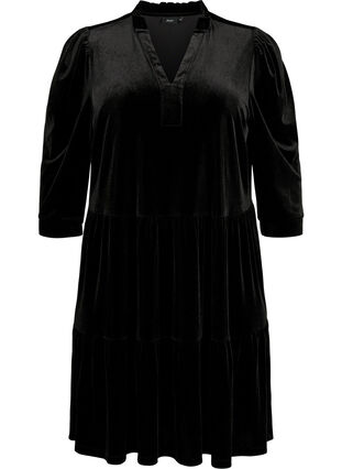 Velurkjole med rysjekrage og trekvartlange ermer, Black, Packshot image number 0
