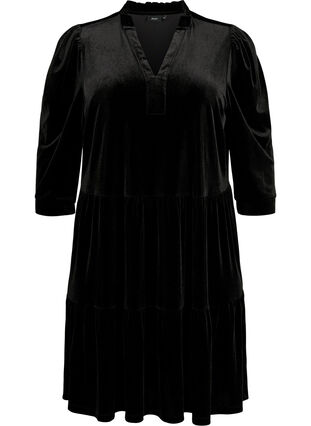 Zizzi Velurkjole med rysjekrage og trekvartlange ermer, Black, Packshot image number 0