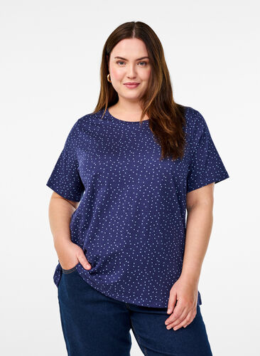 Zizzi Økologisk bomulls-T-skjorte med prikker, Blå, Model image number 0