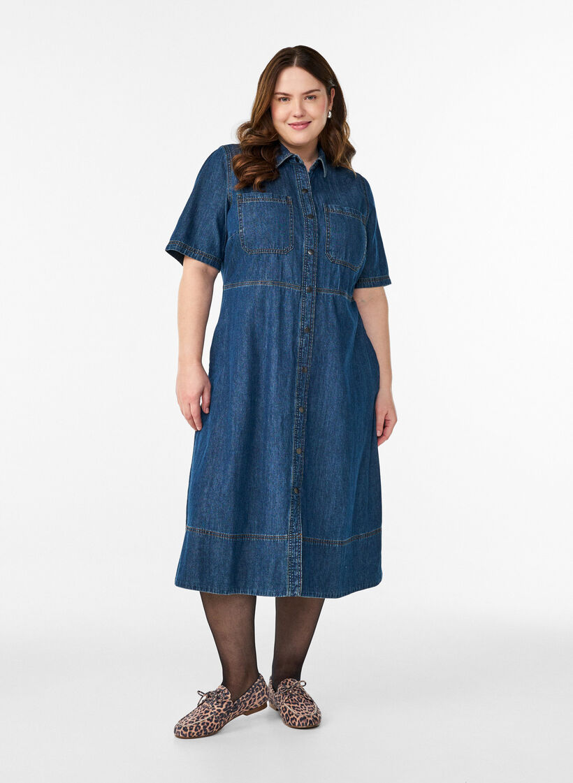 Skjortekjole i denim med korte ermer, Bl&aring;, Model image number 0