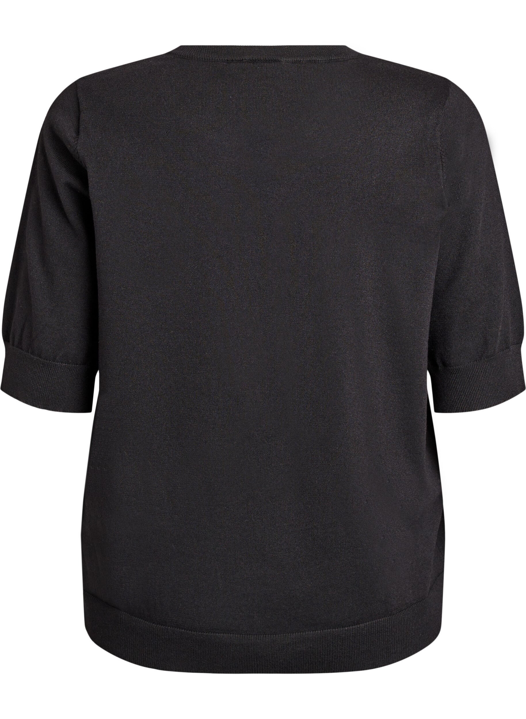 ZizziFinstrikket bluse med korte ermer, Svart, Packshot image number 1