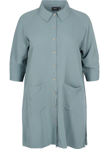 Lang viskoseskjorte med lommer og 3/4-ermer, Balsam Green, Packshot image number 0