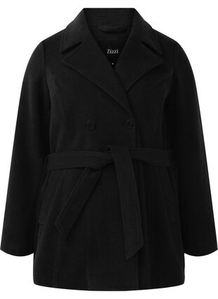 Zizzi Kort ulljakke med belte, Black, Packshot image number 0