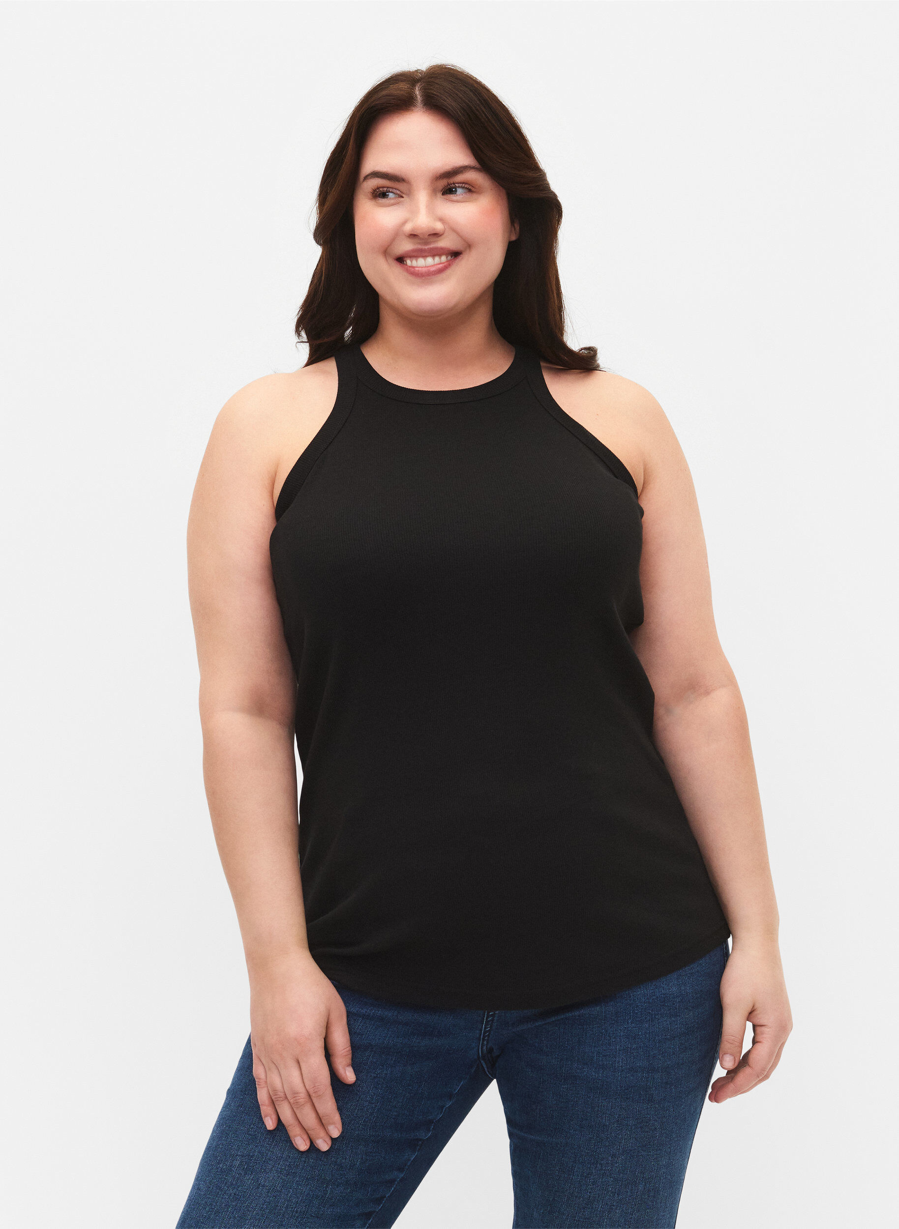 Zizzi Ribbet tanktopp i bomull, Black, Model image number 0