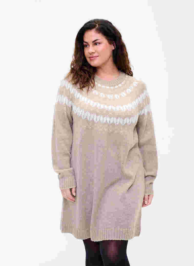 Mønstret strikkekjole med ull, Simply Taupe Comb, Model