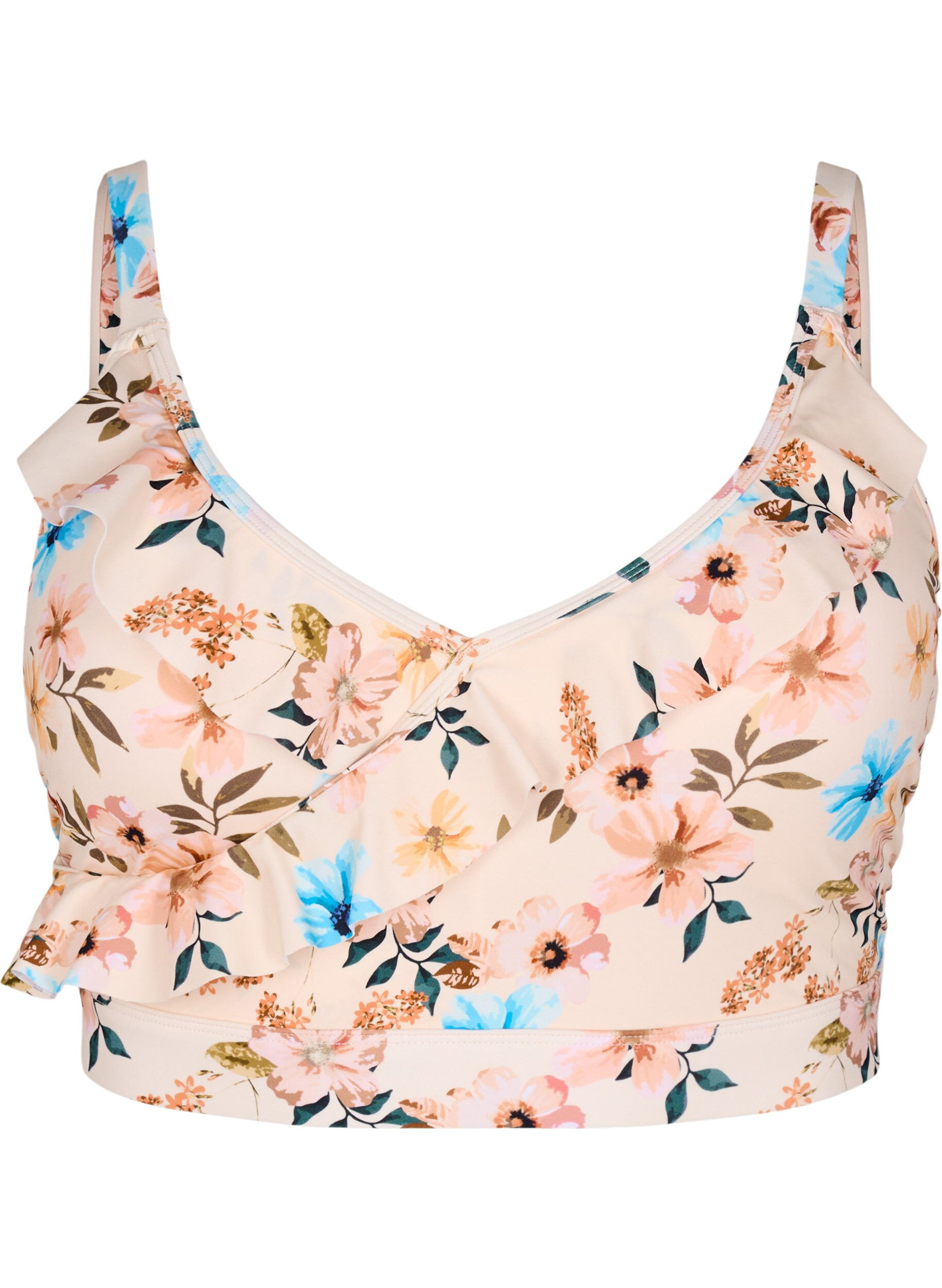 Blomstrete bikinioverdel med volangdetaljer