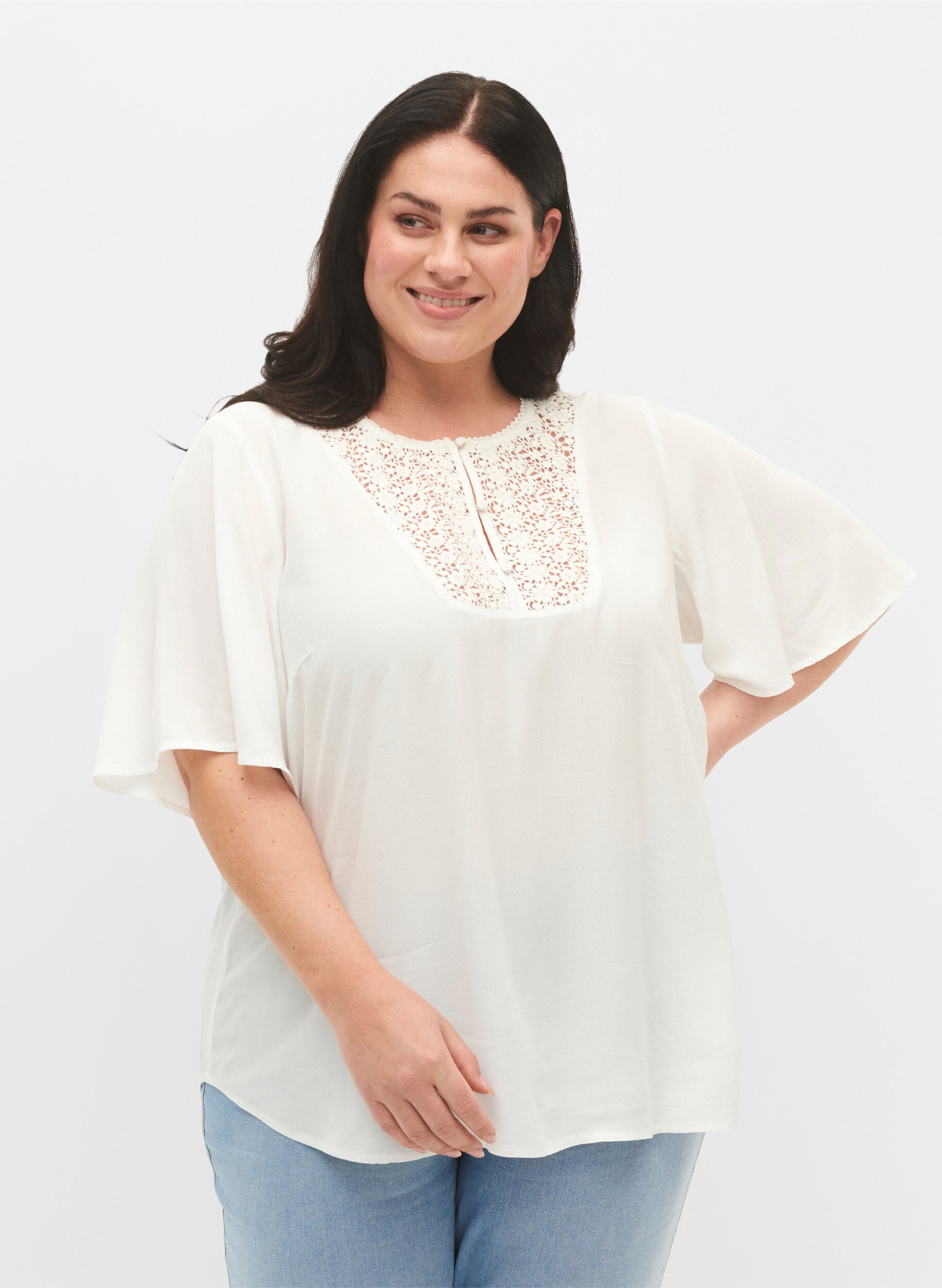 Zizzi Viskosebluse med 1/2 ermer og broderidetaljer, Snow White, Model image number 0