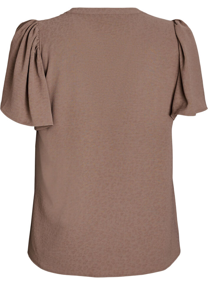 Bluse med korte volangermer og V-hals, Brun, Packshot image number 1