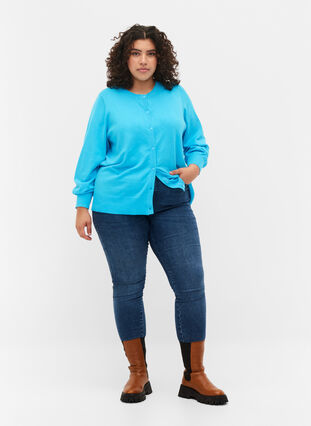 Ribbet cardigan med knappelukking, River Blue, Model image number 2