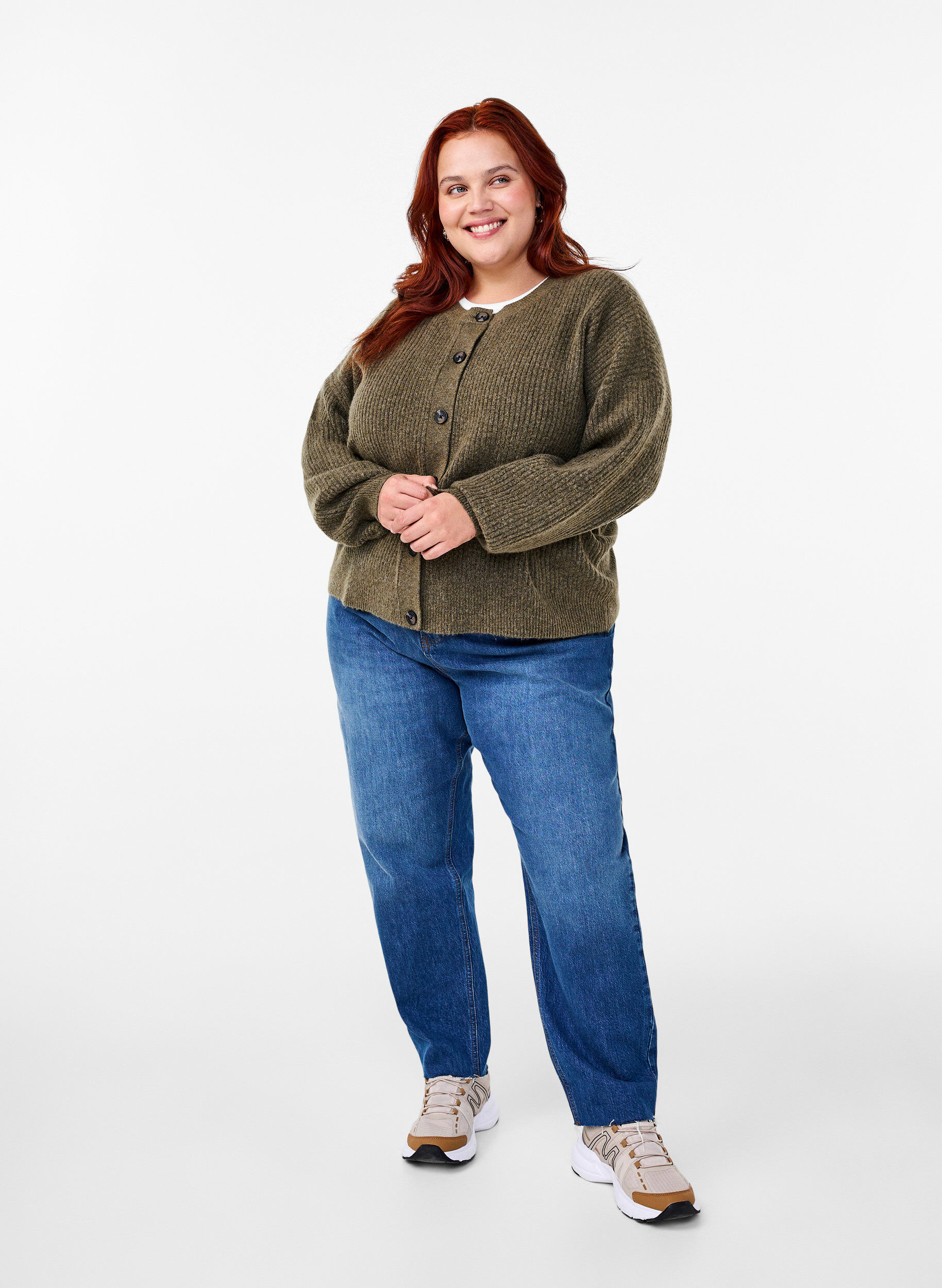 Zizzi Ribbestrikket cardigan med knapper, Gr&oslash;nn, Model image number 1