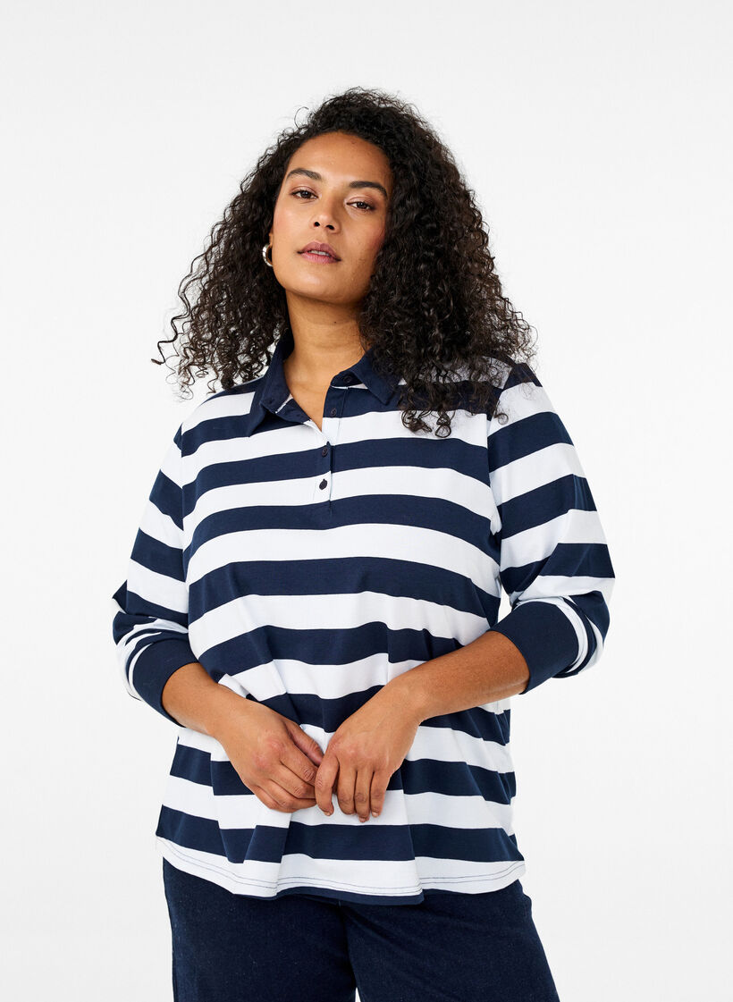 Langermet poloskjorte med striper, Blå, Model image number 0