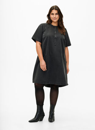 Zizzi A-formet dongerikjole med korte ermer, Grey Denim, Model image number 2