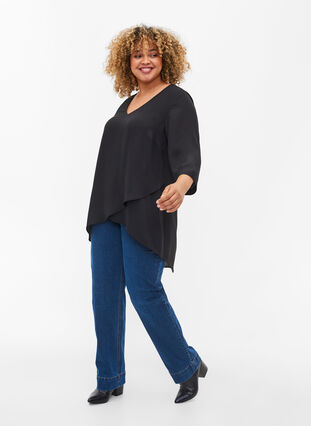 Bluse med 3/4-ermer og V-hals, Black, Model image number 2