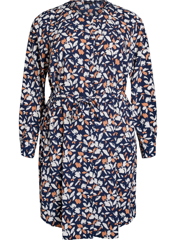 Langermet skjortekjole med knytebelte, Blå, Packshot image number 0