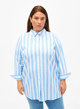Lang skjorte i lin og bomull, Blue White Stripe, Model image number 0