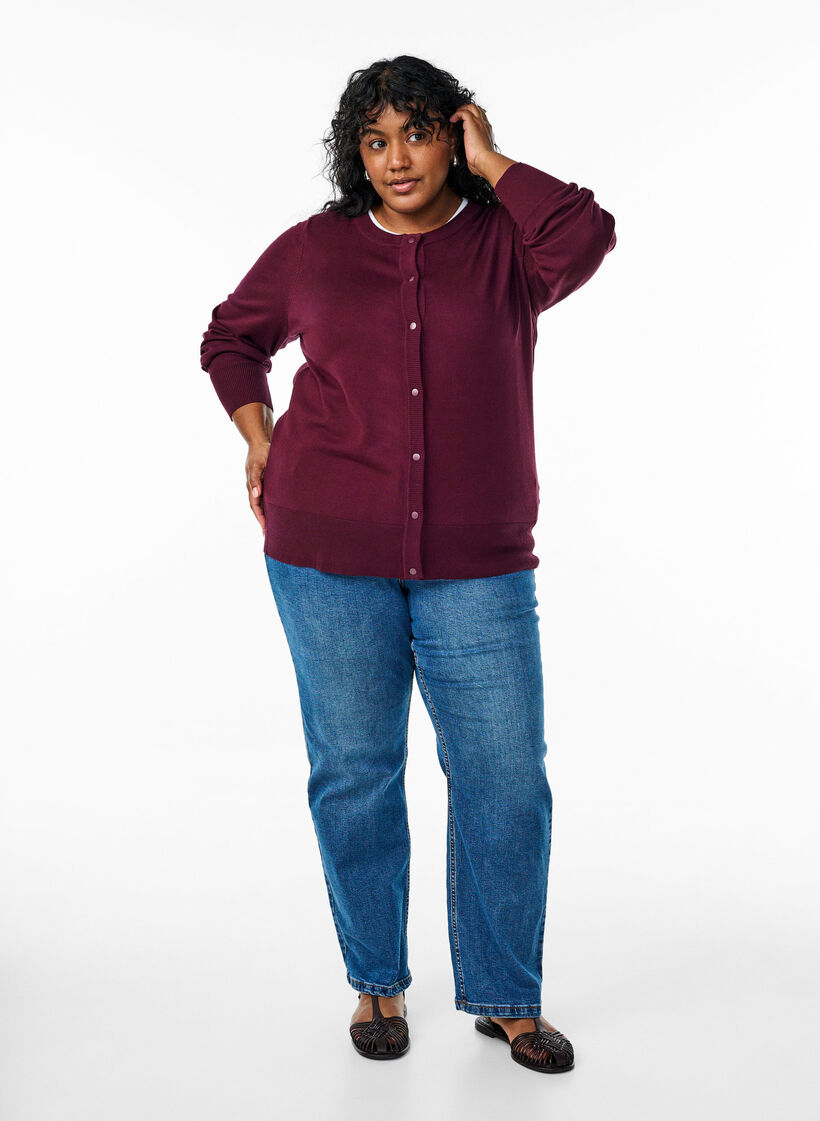 Strikkecardigan med rund hals og knapper, R&oslash;d, Model image number 1