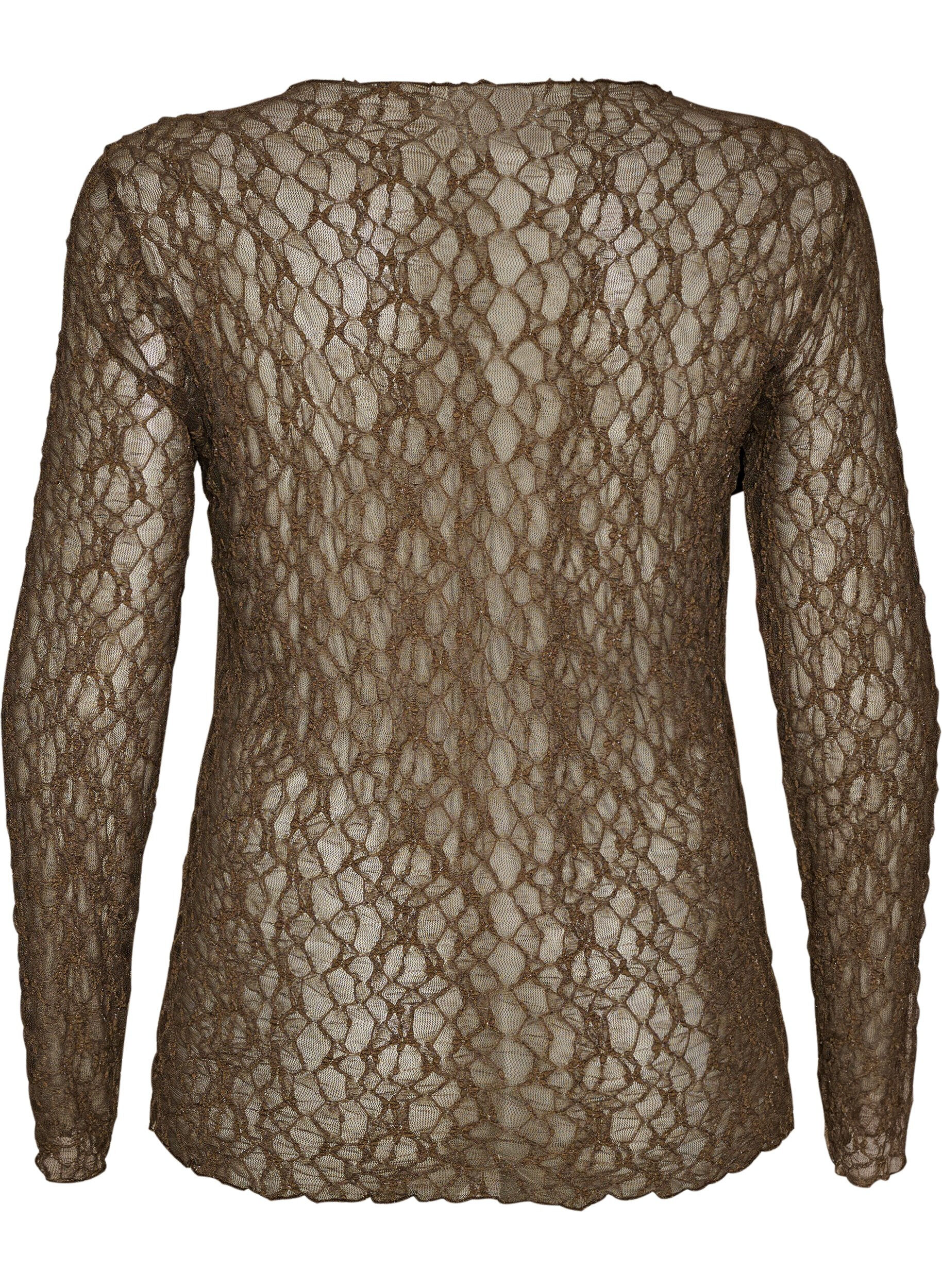 ZizziBluse i mesh med m&oslash;nster og glitrende tr&aring;d, Brun, Packshot image number 1