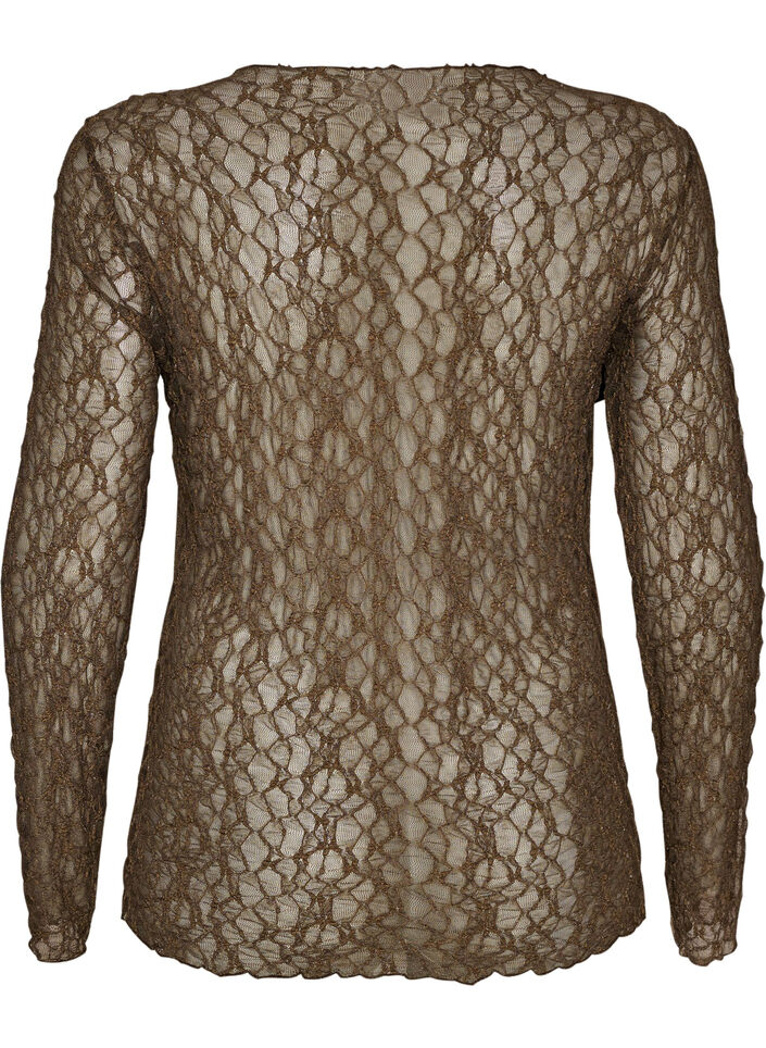 Bluse i mesh med m&oslash;nster og glitrende tr&aring;d, Brun, Packshot image number 1